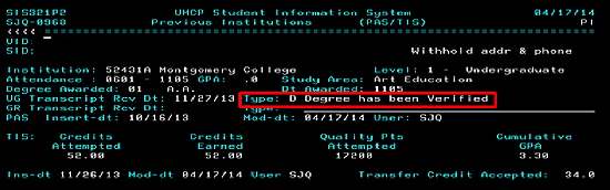 screenshot of SIS PI screen with verified degree highlighted