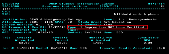 screenshot of SIS PI screen with non-verified degree highlighted