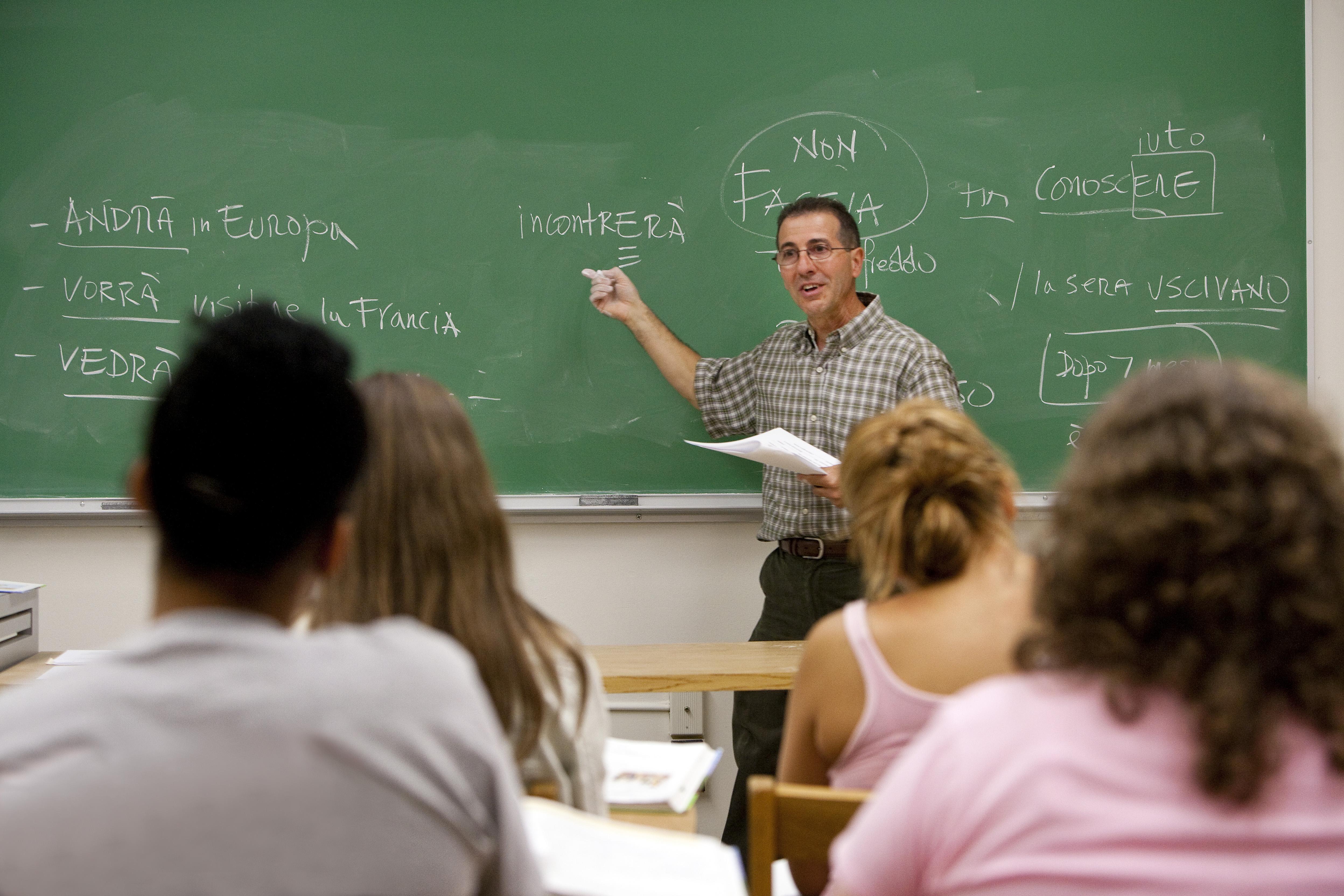 teacher at chalkboard students backs